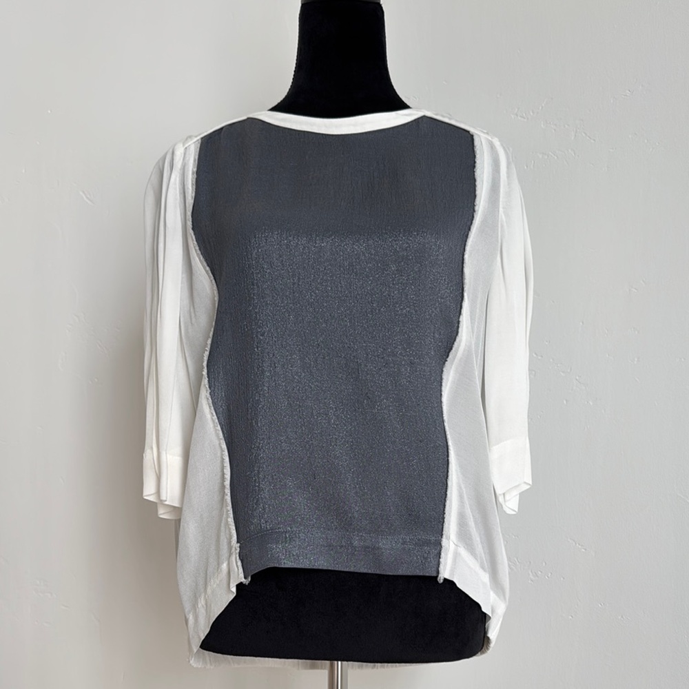 Maje Gray and White Asymmetrical Blouse
